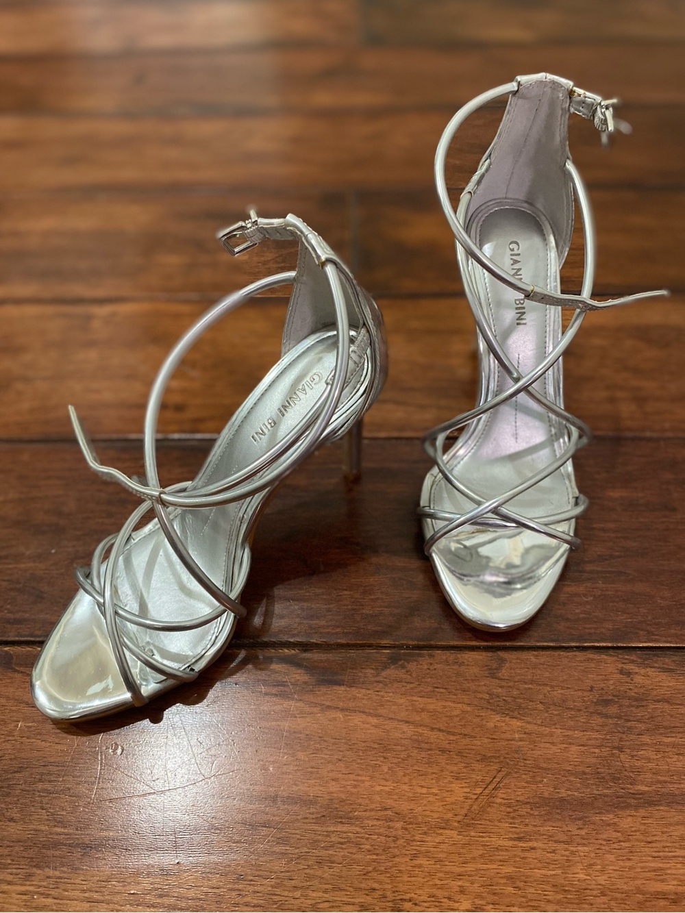 Gianni Bini Silver Metallic Strappy High Heel Sandals - Size 6M